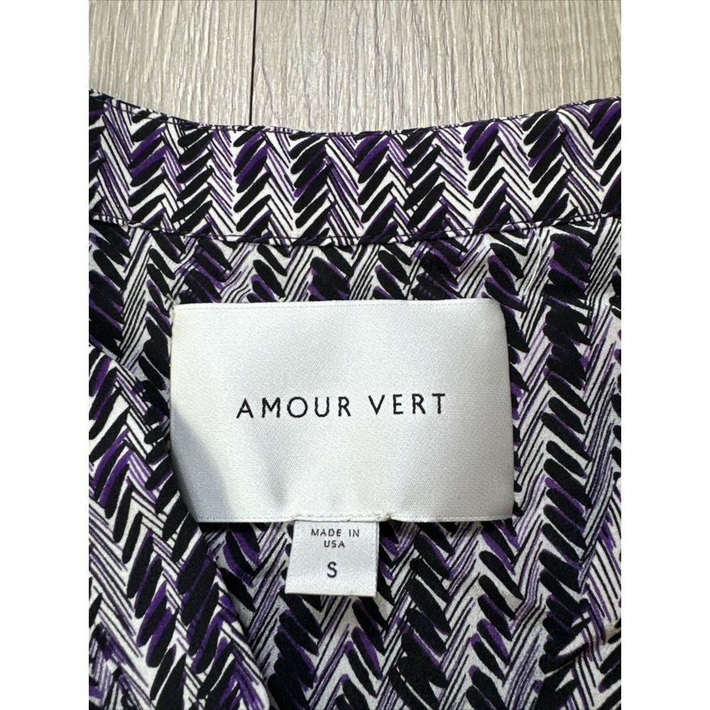 Amour Vert 100% Silk Tunic Blouse Women's Small S Black & Violet Herringbone USA
